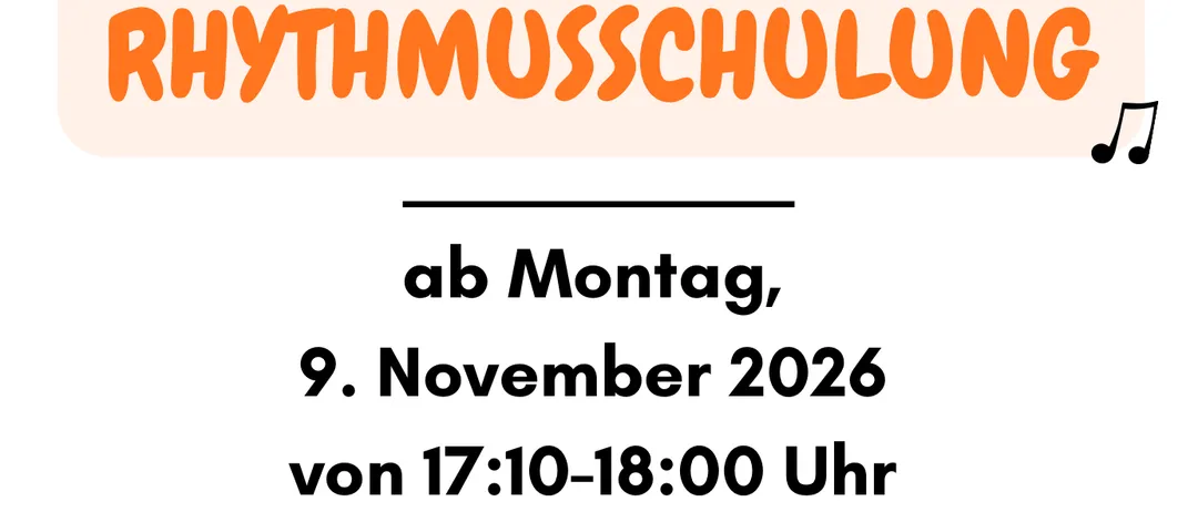 Plakat für einen Rhythmus-Musikkurs an der Gnas Musikschule, Beginn am 9. November 2026, von 17:10 bis 18:00 Uhr.