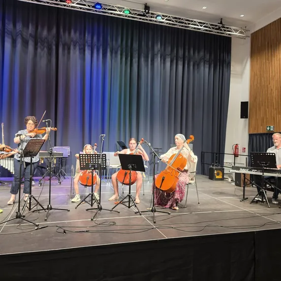 Eine Gruppe von Musikern spielt auf der Bühne mit Streichinstrumenten. Eine Frau spielt Geige, während andere Cello spielen. Ein Mann spielt Klavier.