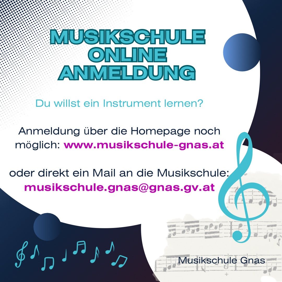 Das Bild ist eine Werbung für eine Online-Musikschule. Es lädt Lernende ein, sich über die Homepage oder per E-Mail anzumelden. Es zeigt einen Musiknoten und Musiknoten unter dem Text.