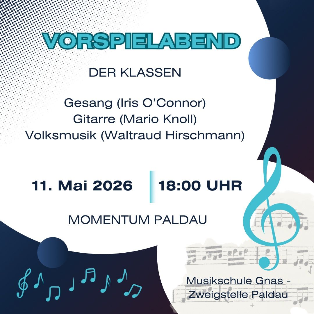 Poster for class performance with singers, guitarists, and folk musicians. Date: May 11, 2026, 6 PM at Momentum Paldau. Musical notes and a treble clef are also featured.
