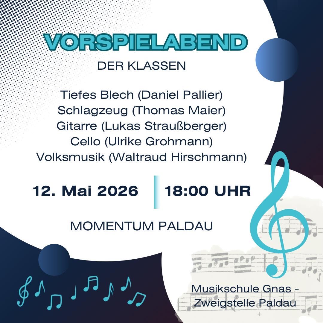 Poster for a class performance on May 12, 2026 at 18:00. Features musicians playing various instruments like deep blech, schlagzeug, guitar, cello, and folk music. Musical notes and symbols are also included.