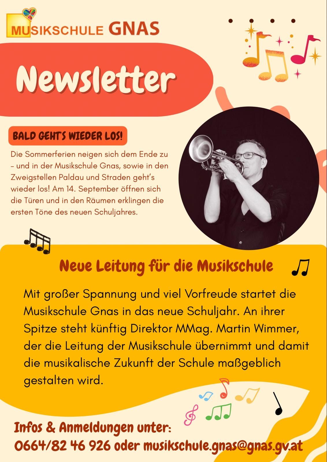 Ein Newsletter-Ankündigung zeigt einen Trompeter und signalisiert den Beginn eines neuen Schuljahres an der Gnas Musikschule. Die Ankündigung hebt die Vorfreude und Begeisterung für das kommende Schuljahr hervor.