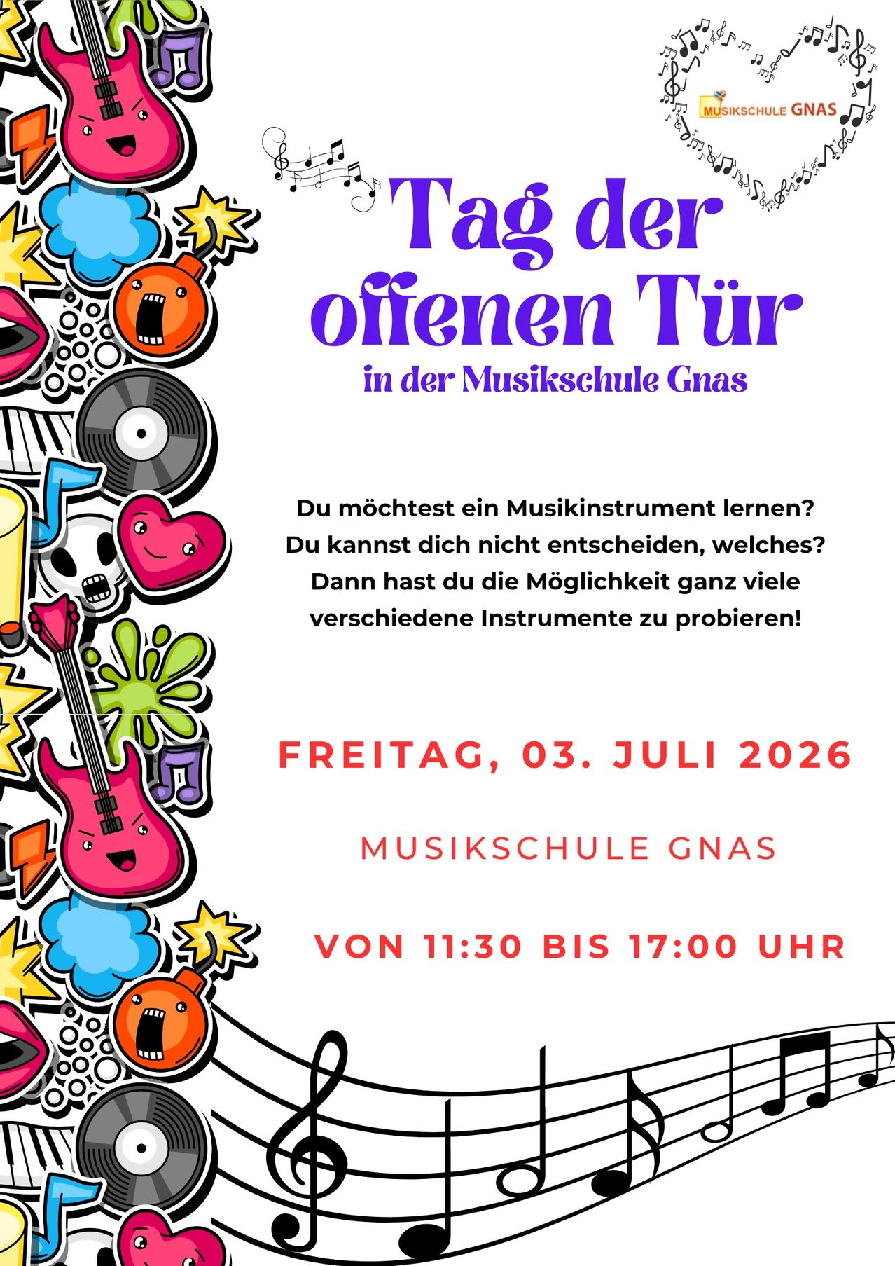 Tag der offenen Tür in der Musikschule Gnas. Lerne ein Musikinstrument. Kannst du dich nicht entscheiden, welches? Probiere viele verschiedene Instrumente aus! Freitag, 03. Juli 2026, von 11:30 bis 17:00 Uhr.