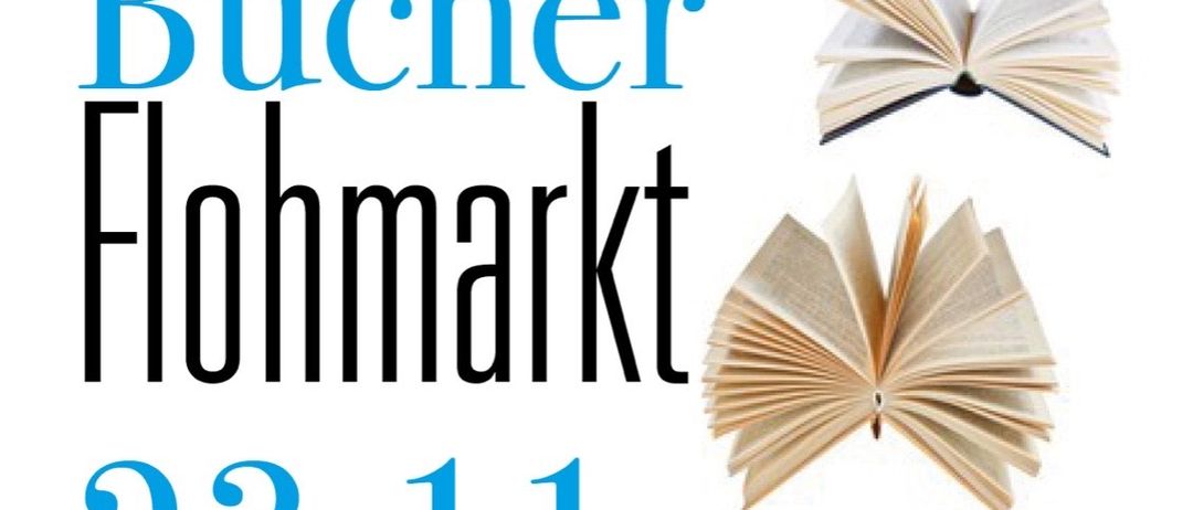 Werbeplakat für Bucher Flohmarkt in der Offentlichen Bucherei Bad Gleichenberg am 23. November von 9-12 Uhr mit Bildern offener Bücher.