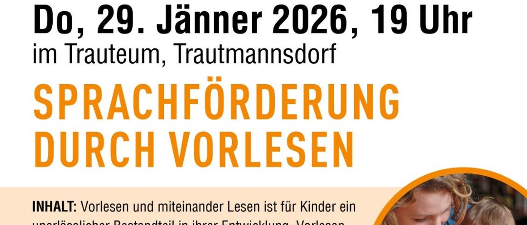 Plakat für eine Eltern-Kind-Bildungsveranstaltung in Bad Gleichenberg am 29. Januar 2026. Das Plakat betont die Bedeutung des Vorlesens für die Sprachentwicklung von Kindern und enthält einen Zitat einer Referentin.