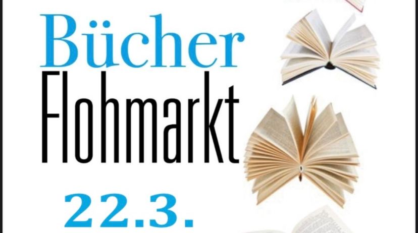Plakat für einen Bücherflohmarkt in der öffentlichen Bibliothek von Bad Gleichenberg, geplant für den 22. März von 9 bis 12 Uhr. Es zeigt offene Bücher und ein Logo.