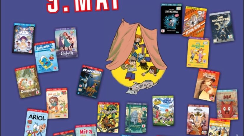Das Poster zeigt einen blauen Hintergrund mit einem Zelt und einer Gruppe von Kindern. Es bewirbt den 'Gratis Comic Tag 2026' am 9. Mai, der 22 kostenlose Comics für Kinder und Jugendliche anbietet. Verschiedene Comicbücher sind um das Zelt herum angeordnet.