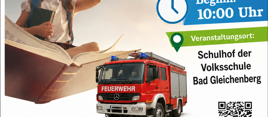 Werbeplakat für die öffentliche Bücherei in Bad Gleichenberg. Es zeigt ein Mädchen mit einem Buch, einen Feuerwehrwagen und das Datum 13. Juni 2026. Die Veranstaltung beginnt um 10:00 Uhr. Der Eintritt ist frei.