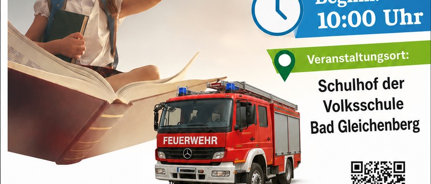Werbeplakat für die öffentliche Bücherei in Bad Gleichenberg. Es zeigt ein Mädchen mit einem Buch, einen Feuerwehrwagen und das Datum 13. Juni 2026. Die Veranstaltung beginnt um 10:00 Uhr. Der Eintritt ist frei.