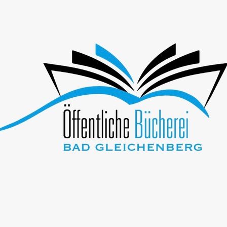 Das Logo der 'Offentliche Bucherei Bad Gleichenberg' zeigt ein offenes Buch mit blauen und schwarzen Umrissen. Der Text ist in einer fetten, serifenlosen Schrift.
