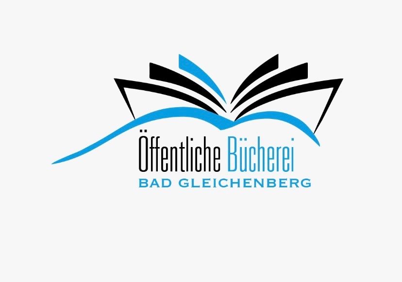 Das Logo der 'Offentliche Bucherei Bad Gleichenberg' zeigt ein offenes Buch mit blauen und schwarzen Umrissen. Der Text ist in einer fetten, serifenlosen Schrift.
