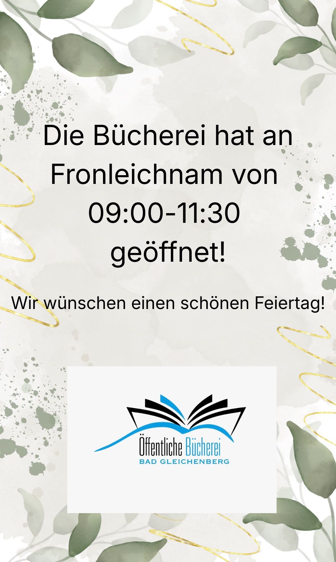 A bookstore sign states it will open from 9:00 AM to 11:30 AM on Frontleichnam. It wishes for a beautiful holiday.