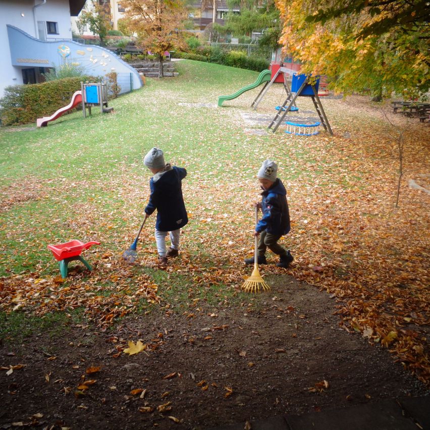 Two children are raking leaves in a yard with a playground and slide in the background.