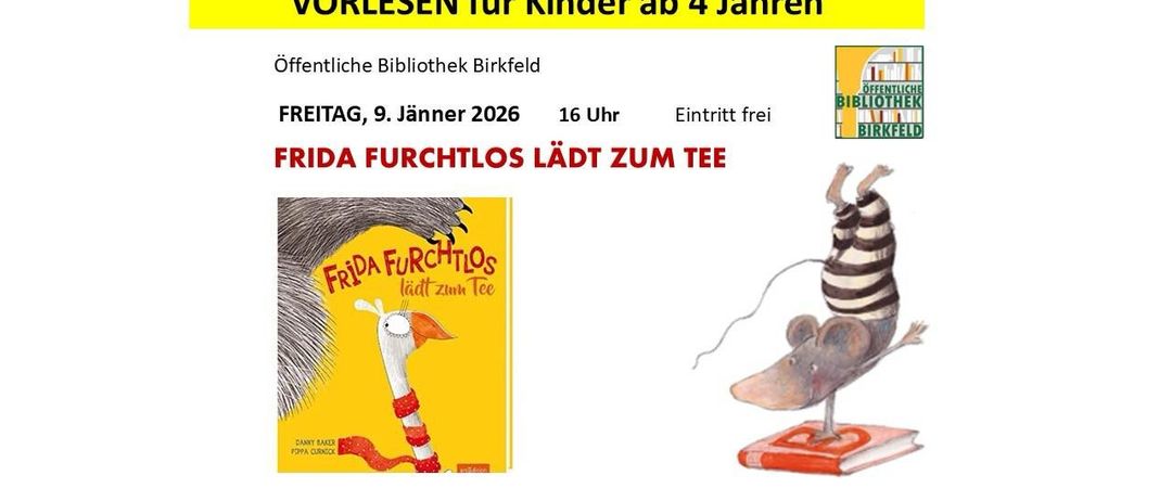 Flyer für eine Vorleseveranstaltung für Kinder ab 4 Jahren. Enthält Veranstaltungsdetails, Buchcover und Kontaktinformationen.