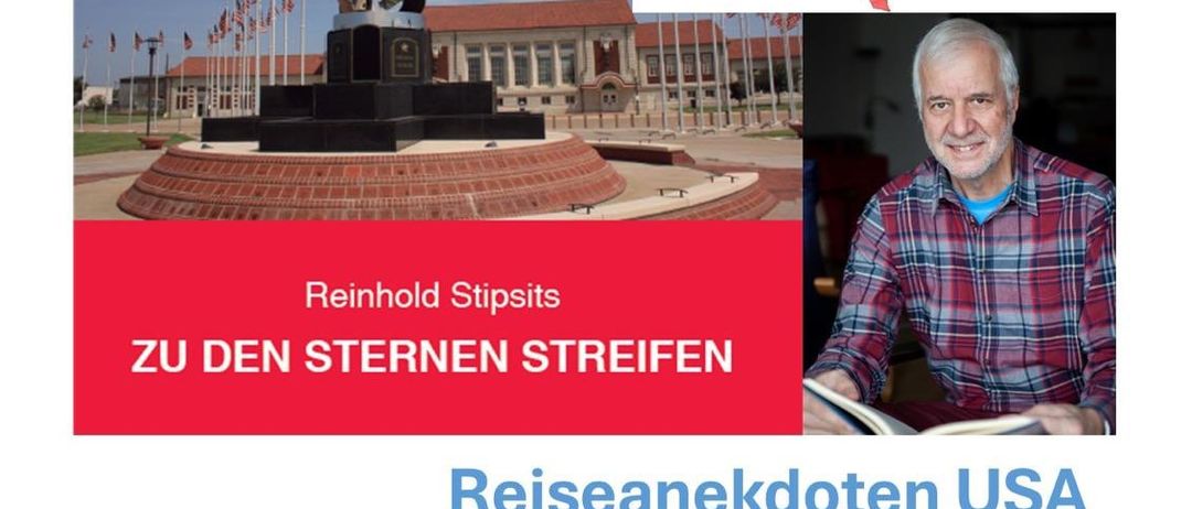 Werbeposter für eine Veranstaltung mit Reinhold Stipits über die USA. Das Bild zeigt eine Statue, eine Flagge und ein Foto von Reinhold.