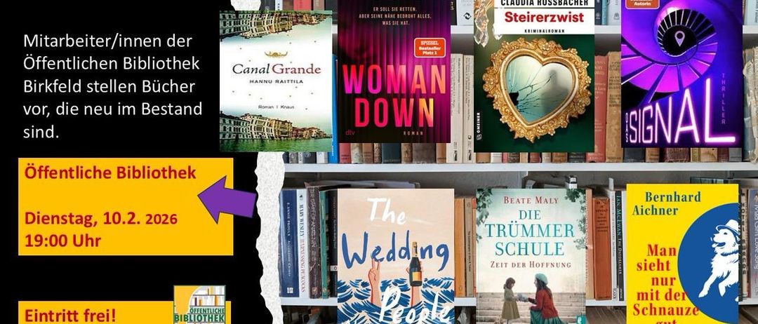 Bücherregale mit verschiedenen Büchern, darunter 'Die Hochzeitsleute', 'Canal Grande', 'Woman Down' und 'Steirerzwist'. Ein Pfeil zeigt nach links.
