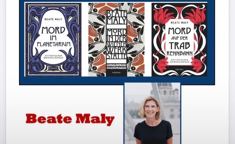 Plakat für eine Buchpräsentation von Beate Maly, mit drei Buchcovern und einem Foto der Autorin. Die Veranstaltung ist für Donnerstag, 10. September 2026, um 19 Uhr geplant.