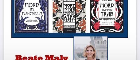 Plakat für eine Buchpräsentation von Beate Maly, mit drei Buchcovern und einem Foto der Autorin. Die Veranstaltung ist für Donnerstag, 10. September 2026, um 19 Uhr geplant.