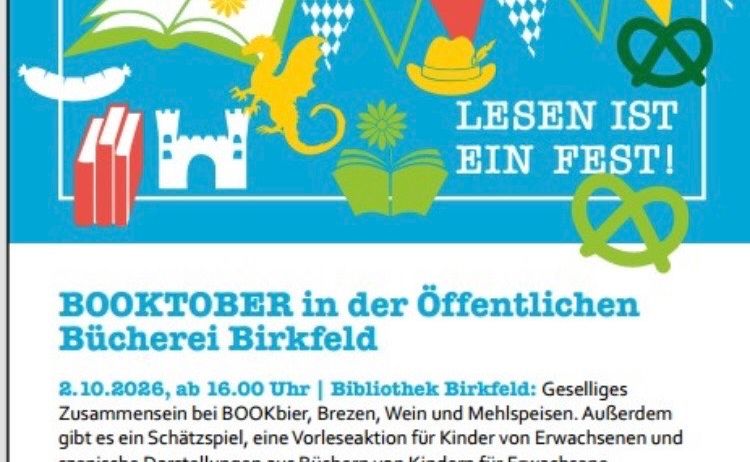 Plakat für die Booktober-Veranstaltung in der öffentlichen Bibliothek Birkfeld. Zeigt ein geselliges Zusammensein mit Büchern, Brezen und einem Drachen. Daten und Uhrzeiten für Veranstaltungen sind aufgeführt.