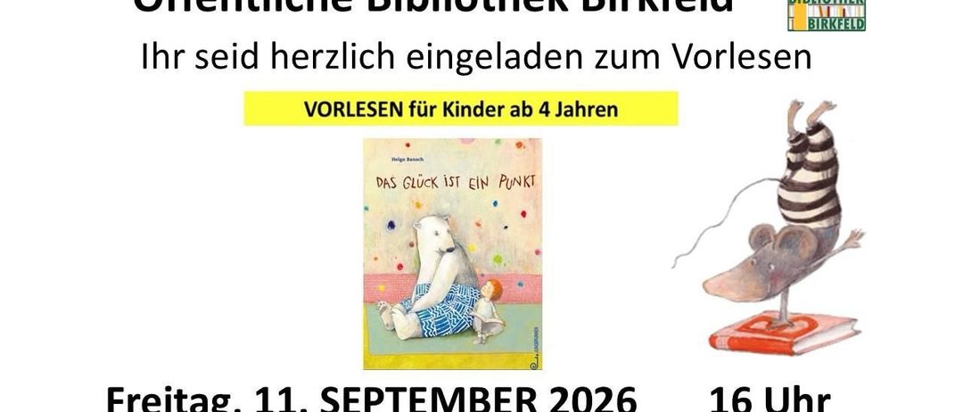 Die öffentliche Bibliothek Birkfeld lädt Kinder ab 4 Jahren zu einer Lesung am 11. September 2026 ein. Das Event zeigt ein Buchcover mit einem Eisbären und einem Kind.