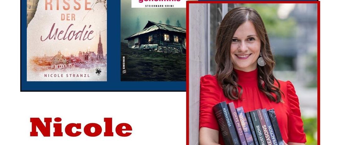 Plakat für eine Buchpräsentation mit Nicole Stranzl, mit ihrem Foto, Buchcovern und Veranstaltungsdetails.