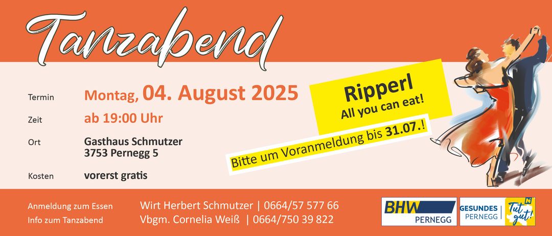 Ein Plakat für ein Musikevent namens 'Rippen'. Datum: 4. August 2025. Anmeldefrist: 31. Juli. Kontakt: Herbert Schmutzer, 0664/57 577 66 und Cornelia Weiß, 0664/750 39 822.