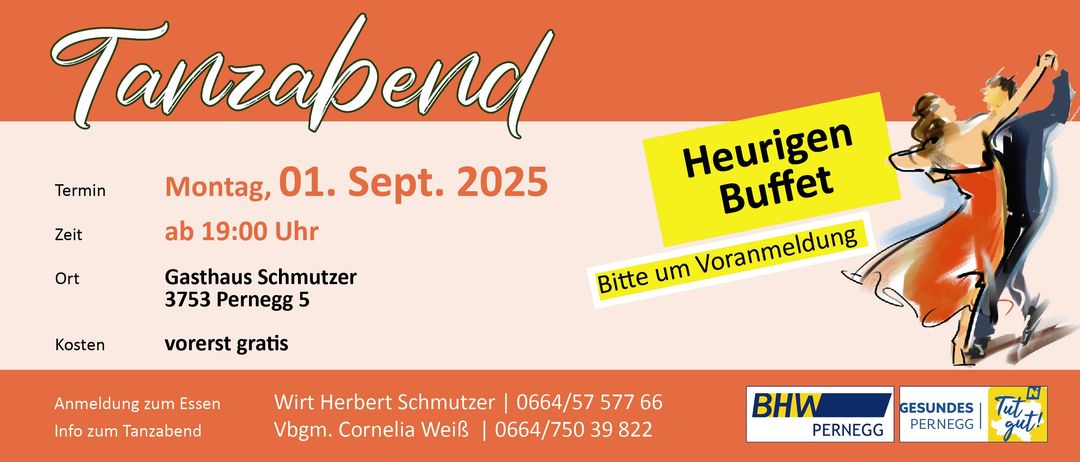 Plakat für eine Hochzeitsfeier. Es steht 'Heiraten 1. Sept. 2025' und bittet um eine Reservierung. Kontaktdaten für Herbert und Cornelia Schmutzer sind ebenfalls angegeben.