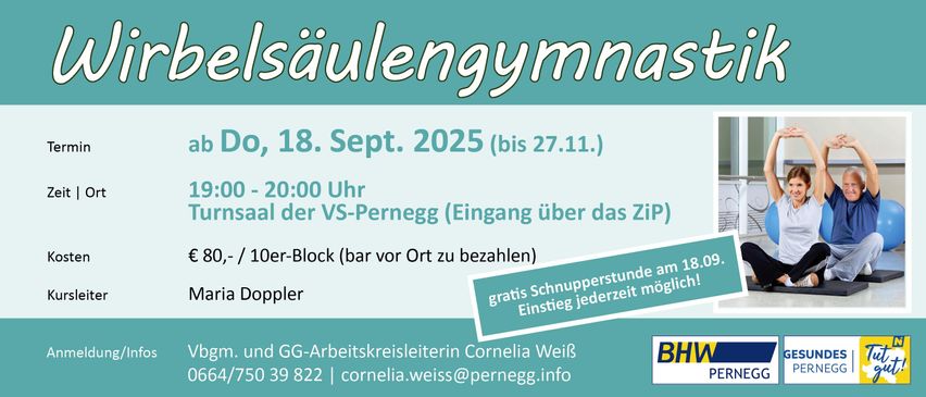 Plakat für Säulengymnastik am 18. September 2025, bis 27. November. Die Veranstaltung beginnt um 20:00 Uhr bei VS-Pernegg mit einer Eintrittsgebühr von 10 Euro. Kostenlose Verkostung möglich. Kontaktieren Sie Cornelia Weiß unter 039 822 oder cornelia.weiss@pernegg.info.