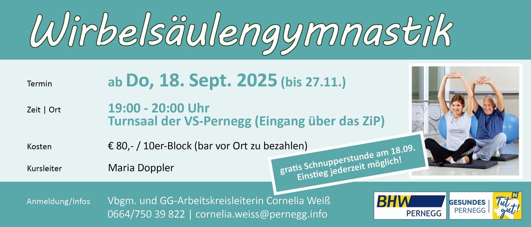 Plakat für Säulengymnastik am 18. September 2025, bis 27. November. Die Veranstaltung beginnt um 20:00 Uhr bei VS-Pernegg mit einer Eintrittsgebühr von 10 Euro. Kostenlose Verkostung möglich. Kontaktieren Sie Cornelia Weiß unter 039 822 oder cornelia.weiss@pernegg.info.