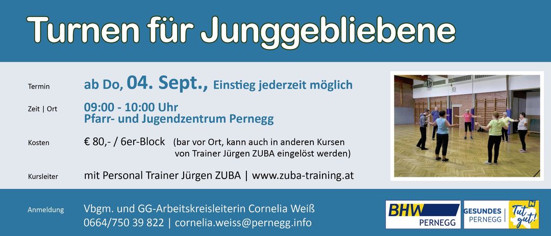 Ein Poster bewirbt Zumba-Kurse für Jugendliche und gibt an, dass die Anmeldung im September jederzeit möglich ist. Der Ort ist Pernegg. Kontaktieren Sie Jürgen ZUBA für Details unter www.zumba-training.at. Die Arbeitskreisleiterin ist Cornelia Weiß, erreichbar unter cornelia.weiss@pernegg.info.