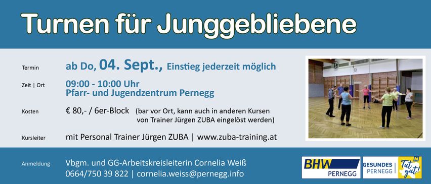 Ein Poster bewirbt Zumba-Kurse für Jugendliche und gibt an, dass die Anmeldung im September jederzeit möglich ist. Der Ort ist Pernegg. Kontaktieren Sie Jürgen ZUBA für Details unter www.zumba-training.at. Die Arbeitskreisleiterin ist Cornelia Weiß, erreichbar unter cornelia.weiss@pernegg.info.
