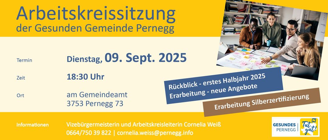 Plakat für eine Gemeinschaftsveranstaltung in Pernegg am 09. September 2025. Es zeigt ein Bild eines Arbeitsplatzes mit Schreibtisch, Büchern und Bücherregal. Die Veranstaltung wird von Cornelia Weiss veranstaltet, erreichbar unter 39 822 oder cornelia.weiss@pernegg.info.