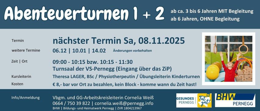 Eine Ankündigung für zwei Aktivitätsschichten, offen für Kinder im Alter von etwa 3 bis 6 Jahren. Der Termin ist Samstag, 08.11.2025, mit Schichten um 10:15 und 11:30. Kontaktieren Sie Cornelia Weiß für Details.