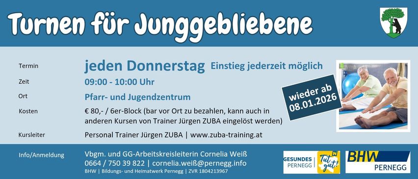 Flyer für einen Jugendtanz am Donnerstag um 10:00 Uhr. Anmeldung jederzeit möglich. Kontaktieren Sie Cornelia Weis unter 039 822 oder cornelia.weis@pernegg.info.