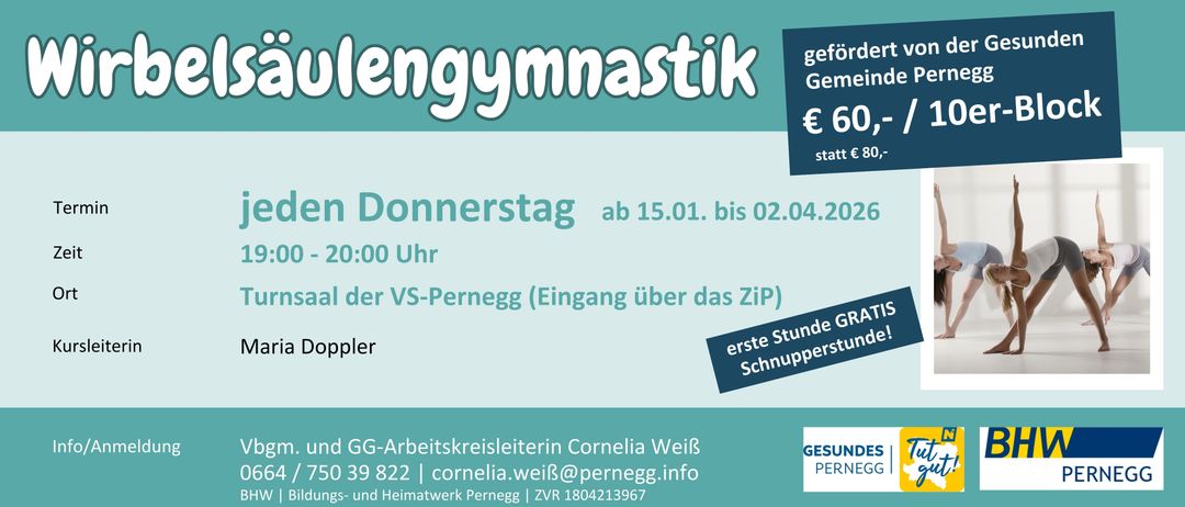 Gemeinsamer Turnkurs bei der VS-Pernegg von Donnerstag, 15.01.2020, 20:00 Uhr bis Mittwoch, 02.04.2020, 20:00 Uhr. Eintritt über ZIP. Erste Stunde kostenlos. Kontaktieren Sie Cornelia Weiß unter 039 822 oder cornelia.weiß@pernegg.info.
