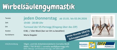 Flyer for women's gymnastics on Thursdays, from January 15th to April 2nd, 2020, at 8 PM. Entry via VS-Pernegg (payment on site). Contact Cornelia Weiß for more information.