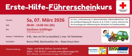 Ein Flyer für einen Erste-Hilfe-Kurs in Schillinger Dorf, am 7. März 2026, um 14:00 Uhr, mit einer Dauer von 6 Stunden. Der Kurs bietet Schulungen in Fahrzeugsteuerung und Grundlagen der Ersten Hilfe. Maximal 16 Teilnehmer. Anmeldung und Zahlung vor Ort. Kontakt Cornelia Weiss.