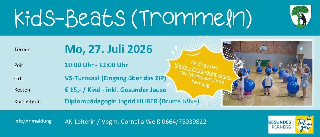 Plakat für die Veranstaltung 'Beats (Trommelherz)' am 27. Juli 2026 mit Ingrid Huber, einschließlich Informationen zum Eingang und Kontakt.