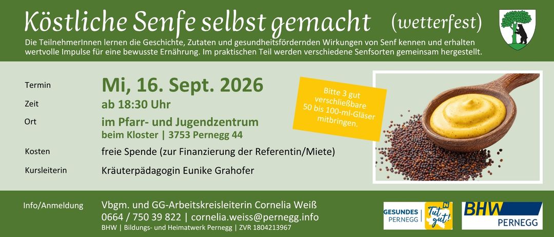 Plakat für einen Workshop über die Herstellung von Senf mit einem Senfsamenbild, Datum und Kontaktdaten.