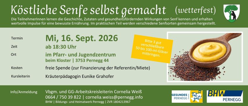 Plakat für einen Workshop über die Herstellung von Senf mit einem Senfsamenbild, Datum und Kontaktdaten.