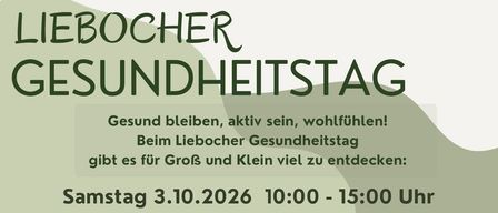 Poster for the Lieboch Health Day on October 3, 2026, from 10:00 to 15:00. It features various health-related activities and exhibitors, including massages, fitness classes, and health consultations. The event is held in the Lieboch event hall.