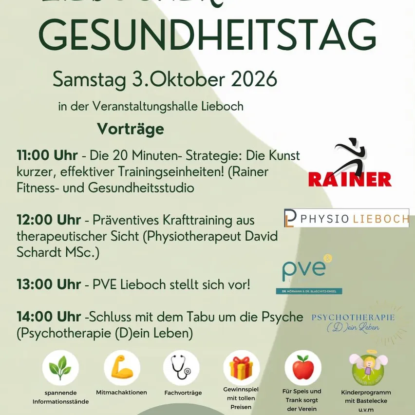 Plakat für eine Gesundheitsveranstaltung am 3. Oktober 2026 mit einem Zeitplan für Vorträge und Aktivitäten, einschließlich einer 20-Minuten-Strategie, präventivem Krafttraining und einer Abschlussveranstaltung mit Fokus auf Psychologie.