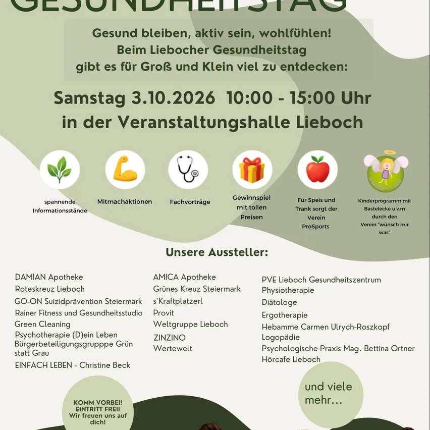 Plakat für den Liebocher Gesundheitstag am 3.10.2026 von 10:00 bis 15:00 Uhr. Aktivitäten umfassen Massagen, Fitness-Sessions, medizinische Beratung, Preisverlosungen und ein Kinderprogramm. Verschiedene Aussteller sind aufgeführt, darunter Damian Apotheke, Amica Apotheke und weitere, die Dienstleistungen wie Physiotherapie, Diätetik und mehr anbieten.