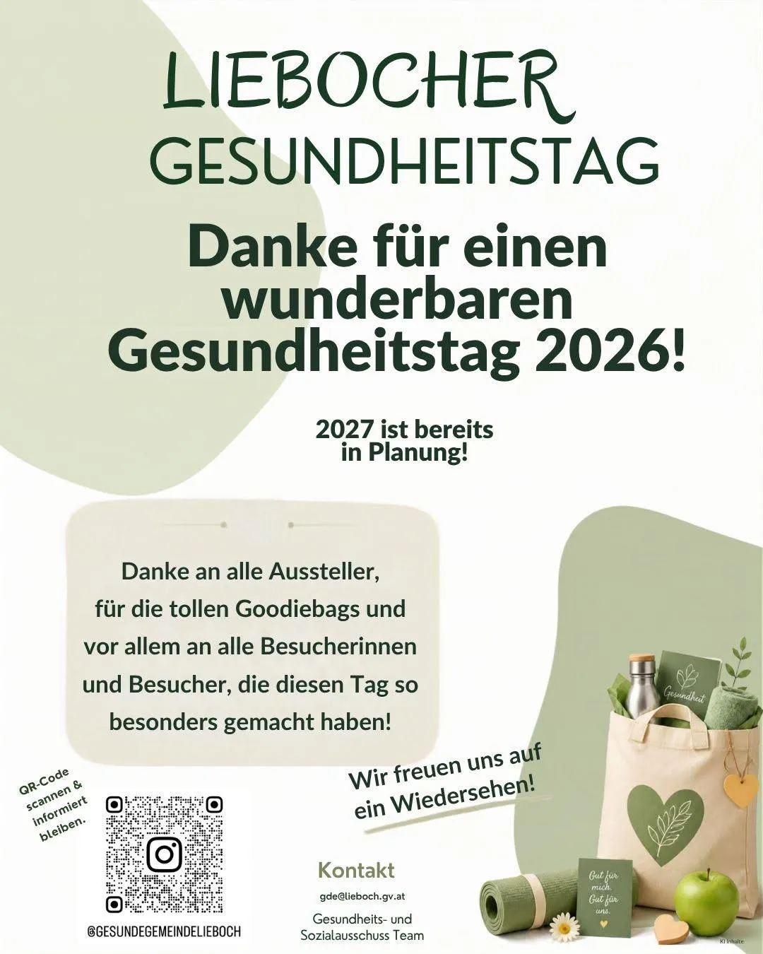 Ein Werbeplakat für den Liebocher Gesundheitstag 2026, das allen Ausstellern, Goodie-Bag-Gebern und Besuchern dankt, die den Tag so besonders gemacht haben. Das Plakat enthält einen QR-Code, einen grünen Apfel, eine Yogamatte, eine Flasche, einen herzförmigen Beutel und eine Blume.
