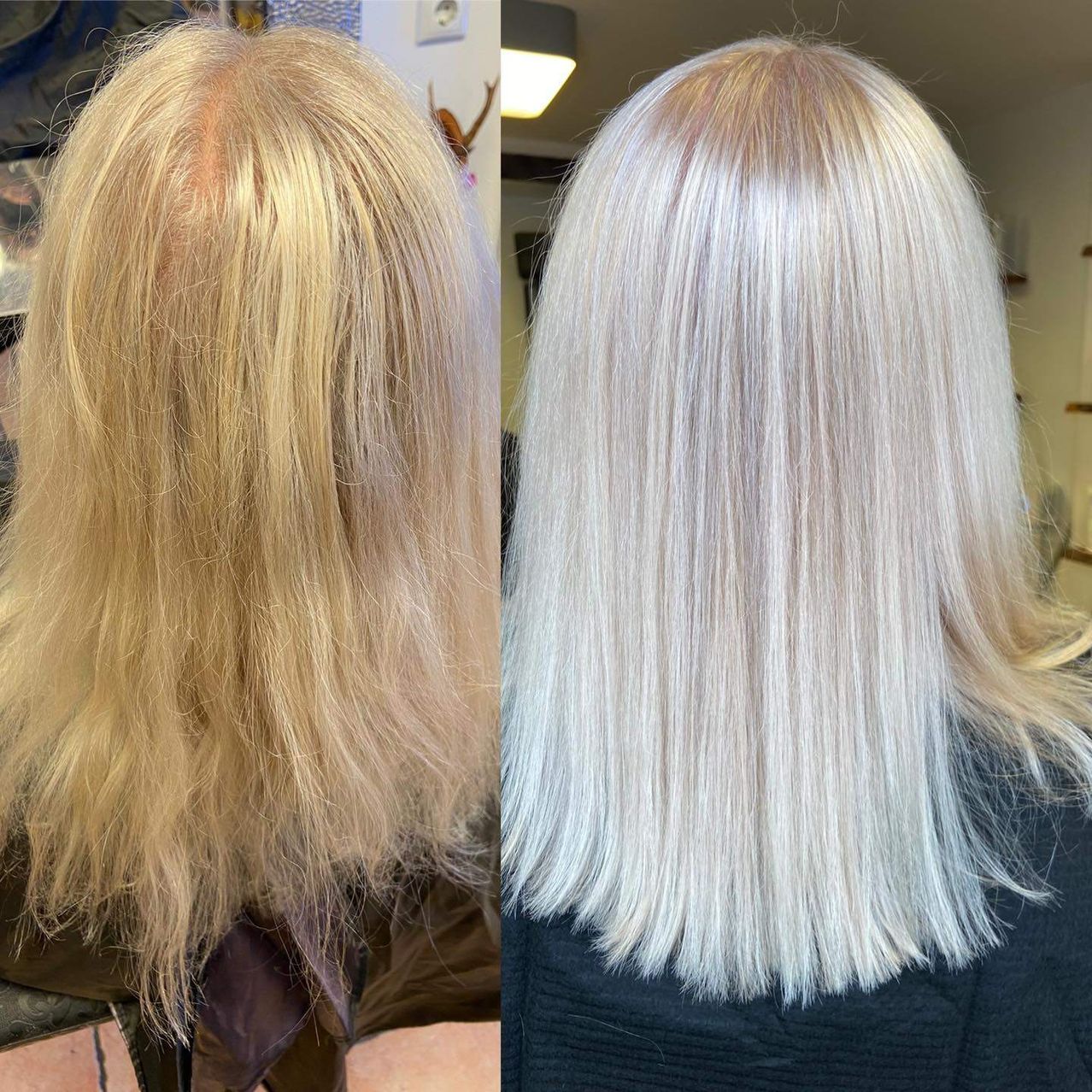 Das Bild zeigt zwei Ansichten des Haares einer Person, vor und nach einer Haarbehandlung. Das Vorher-Bild zeigt leicht geschädigtes Haar mit ungleichmäßiger Farbe. Das Nachher-Bild zeigt eine deutliche Verbesserung, wobei das Haar gesünder, gleichmäßiger und heller erscheint.