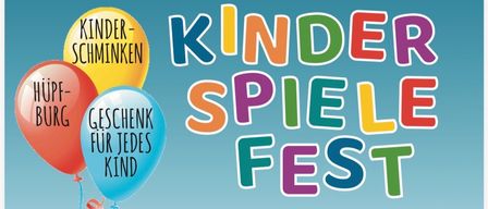 Ein Plakat für ein Kinderspielfest auf dem Sportplatz Ehrenschaachen. Beinhaltet Aktivitäten, Zeiten und Erfrischungen. Zeigt Luftballons und Kinder.