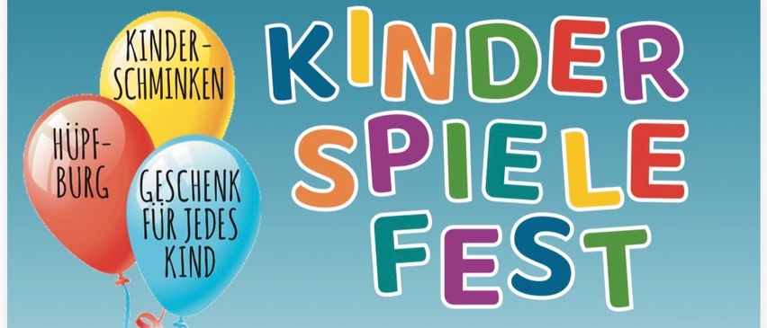 A flyer for a children's games festival at Ehrenschaachen sports ground. Includes activities, times, and refreshments. Features balloons and children.