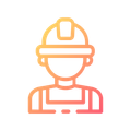 Ein Symbol eines Bauarbeiters mit Helm und Warnweste auf schwarzem Hintergrund.
