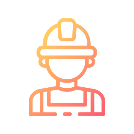 Ein Symbol eines Bauarbeiters mit Helm und Warnweste auf schwarzem Hintergrund.