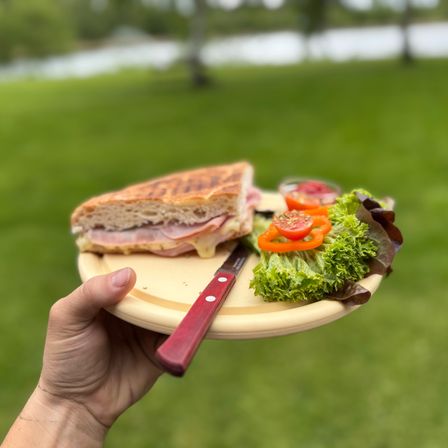 Eine Hand hält einen Teller mit einem Sandwich, Salat und einem Messer. Im Hintergrund ist eine Wiese und ein Gewässer zu sehen.